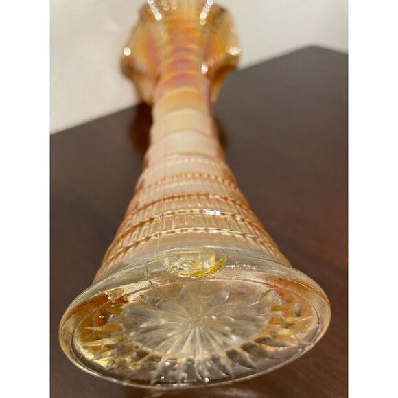 Vintage Carnival Glass Vase Ribbed Pattern Scalloped Edge Amber Iridescent 12" T - Picture 5 of 6